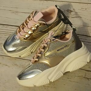 Madden NYC Gold and Silver Metallic Dad Sneakers with Pink Accents Size 2